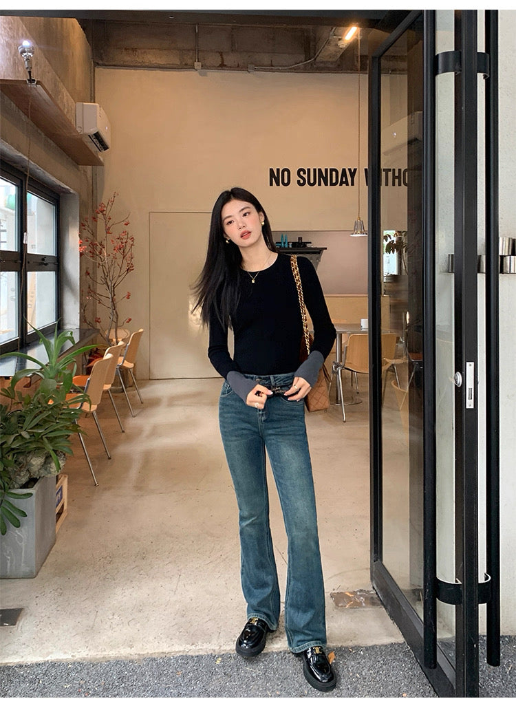 選べるネック 配色スリーブ ニットトップス