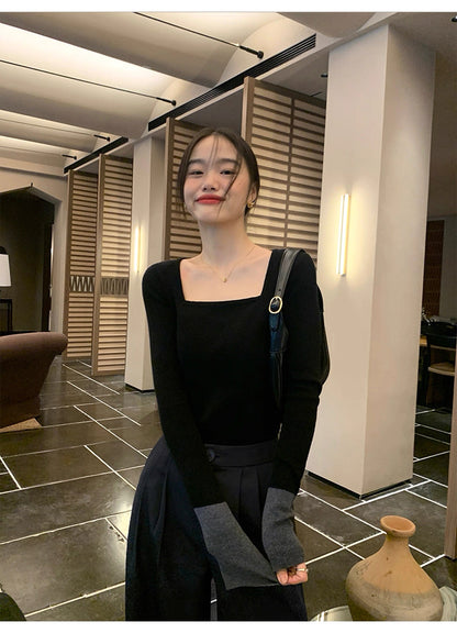 選べるネック 配色スリーブ ニットトップス