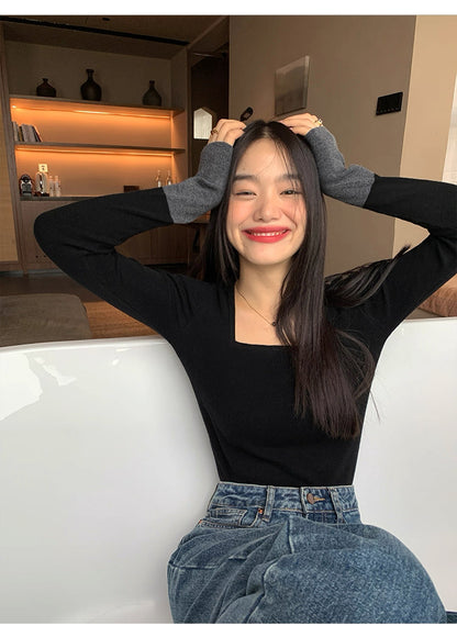 選べるネック 配色スリーブ ニットトップス