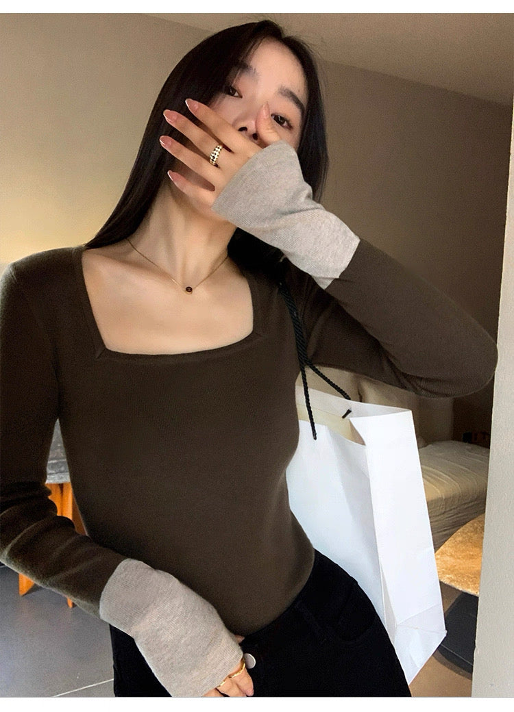 選べるネック 配色スリーブ ニットトップス