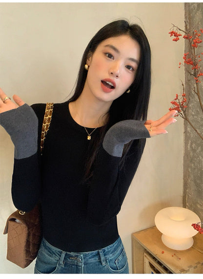 選べるネック 配色スリーブ ニットトップス