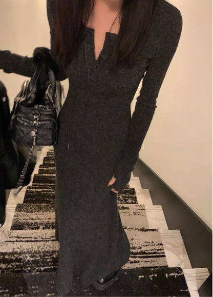 ヘンリーネック ニット ロングフレアワンピース