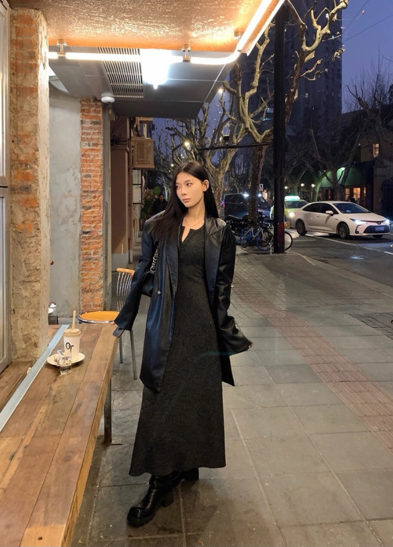 ヘンリーネック ニット ロングフレアワンピース