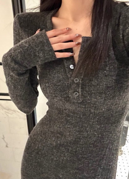 ヘンリーネック ニット ロングフレアワンピース