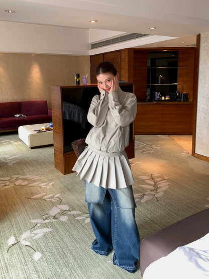 スタンドカラープリーツドッキングワンピース