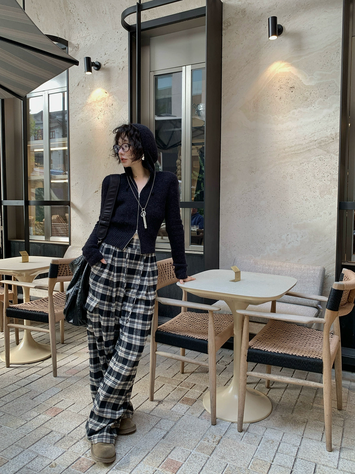 コットンチェックワイドパンツ