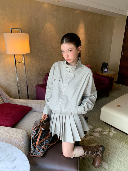 スタンドカラープリーツドッキングワンピース