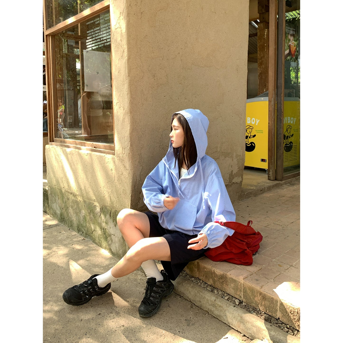 ライトギンガムハーフジップ